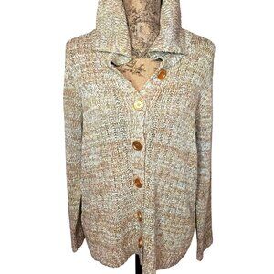 Vintage Evan-Picone Women Y2K Beige & Gold Metallic Button-Up Cardigan Sweater M